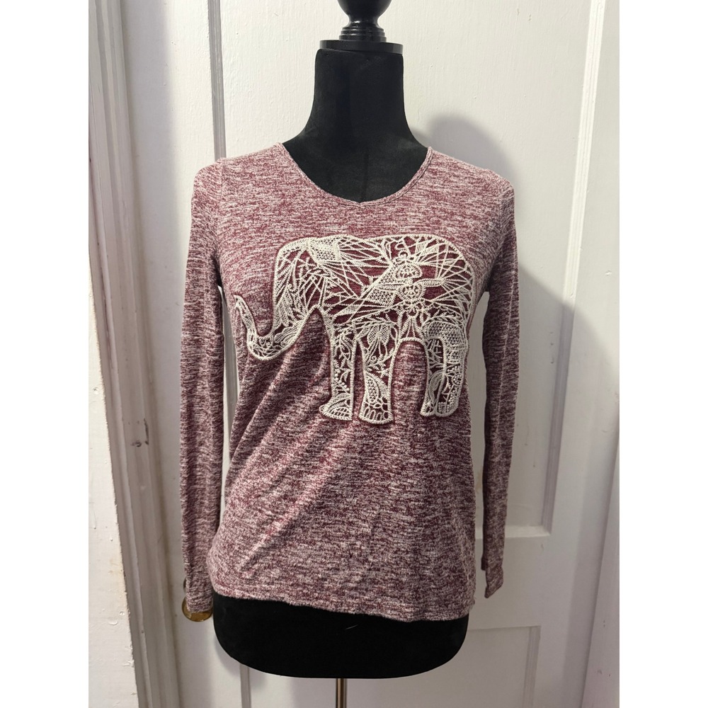 Aeropostale Heather Red Elephant Lace Applique Long Sleeve Top XS Rayon Blend